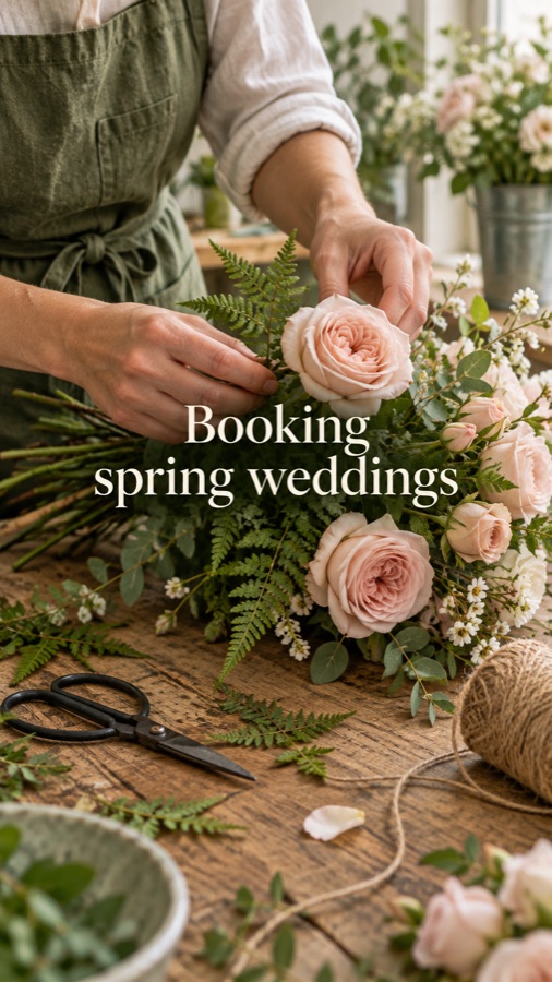 Example reels ad: hands arranging roses, 'Booking spring weddings'